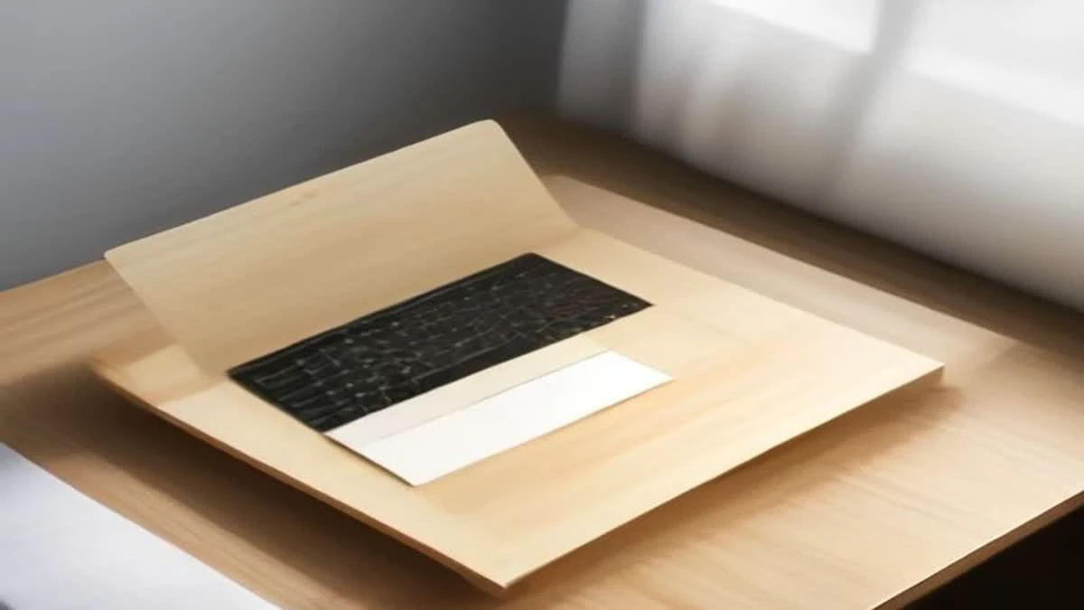 Photograph: top-down flat lay of a bright minimal desk with a laptop and a smartphone showing an abstract rising line chart